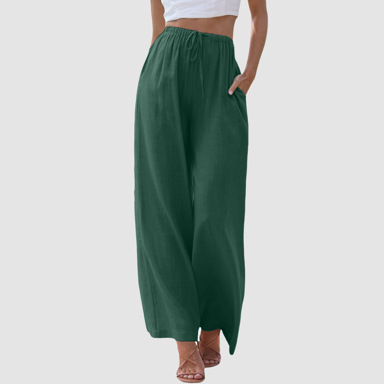 thumbnail image 2 of Pantalones de cintura alta y pierna ancha para mujer - Elástico con cordón, pierna recta cómoda, con bolsillos, 2 of 5